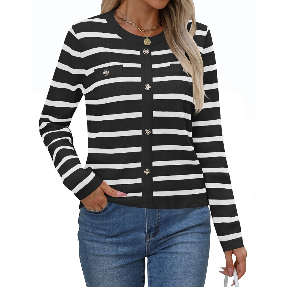 NWT Zesica Black White Striped Crew Gold Button Old Money Knit Sweater Top M